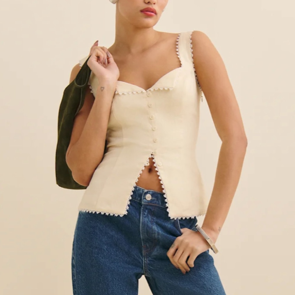 Reformation Viola Cream Linen Blend Lace-Trim Tank